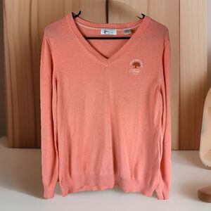 Greg Norman Women’s Peach Cotton V-neck Golf Sweater Embroidered Logo Size XL